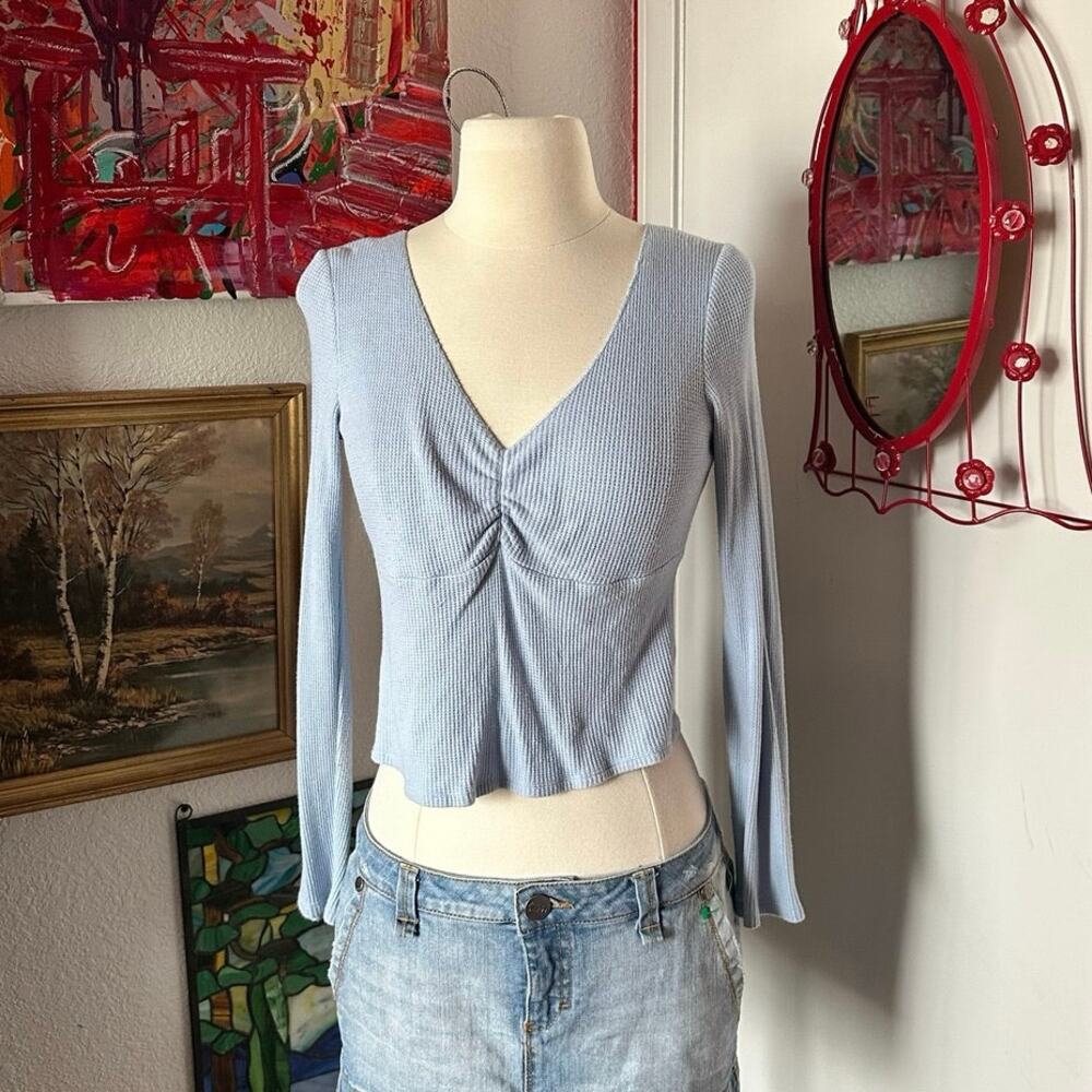 ivy + main blue waffle knit long sleeve v neck top